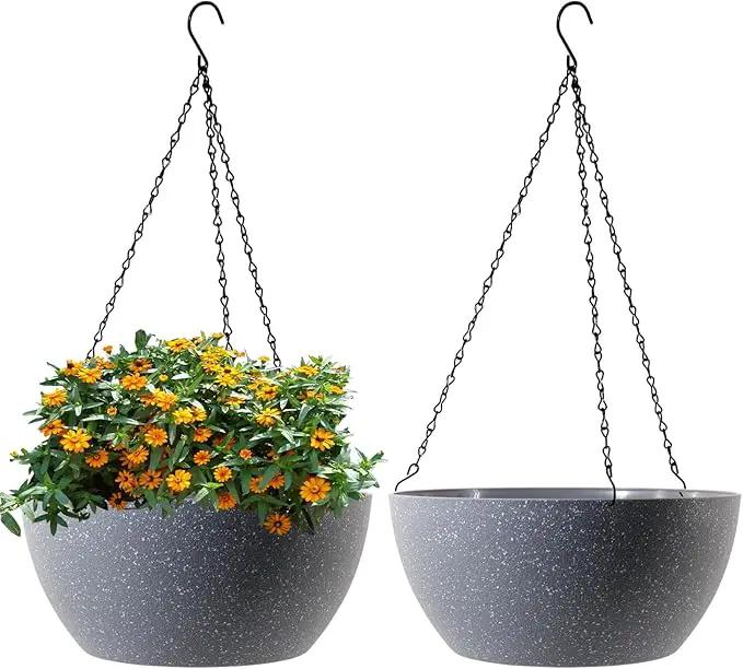 13 inch Large Hanging Planters Plant Pots for Outdoor Indoor Plants with Drainage Holes and Chain, 2 Pack Round Hanging Flower Pots for Garden Home Porch Decor, Speckled Grey by GreenHaven Gardens