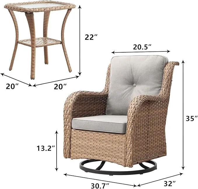Outdoor Patio Swivel Rocker Chairs - 3 Piece Patio Bistro Set,Wicker Patio Furniture Set with 2 Swivel Rocking Chairs and 1 Glass Top Side Table for Deck Porch Garden,Yellow/Beige by GreenHaven Gardens