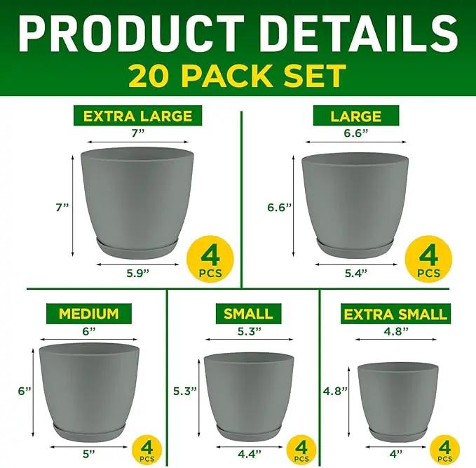 Planter Pots with Drainage Holes - Lightweight, Durable & Space-Saving Pots for Indoor and Outdoor - Versatile Functionality, Simple Modern Design, Set of 20 Plastic Planter Pots - Gray by GreenHaven Gardens