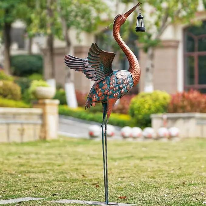 48'' Heron Garden Statue, Large Crane Outdoor Statue with Solar Lantern, Crane Bird Metal Yard Art for Outside Backyard, Pond, Porch Decor by GreenHaven Gardens