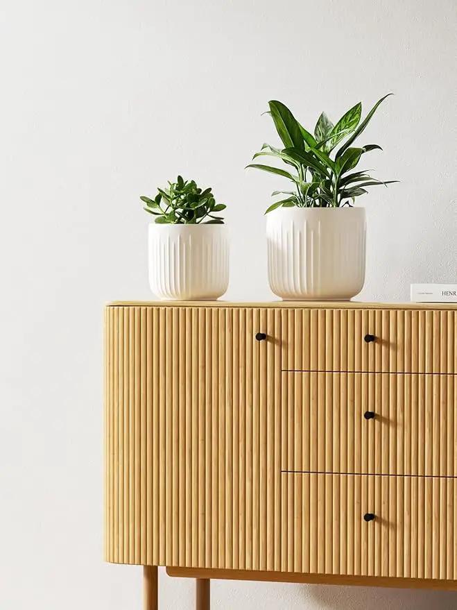 LE TAUCI Fluted Ceramic Planters Set of 3 – 8.3/7 / 5.7 in White Cylinder Indoor Plant Pots with Drainage Plug & Mesh, Matte Glazed Stoneware Flower Pots for Succulent Herb Cactus by GreenHaven Gardens