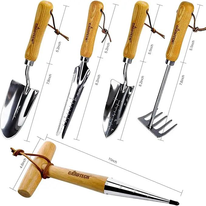 Gardtech Garden Tool Set, 5 Pcs Gardening Tool Set with Weeder Puller, Dibber, Transplanter, Big Trowel, 5-Claw Cultivator - Wooden Handle Heavy Duty Stainless Steel Gardening Hand Tools by GreenHaven Gardens