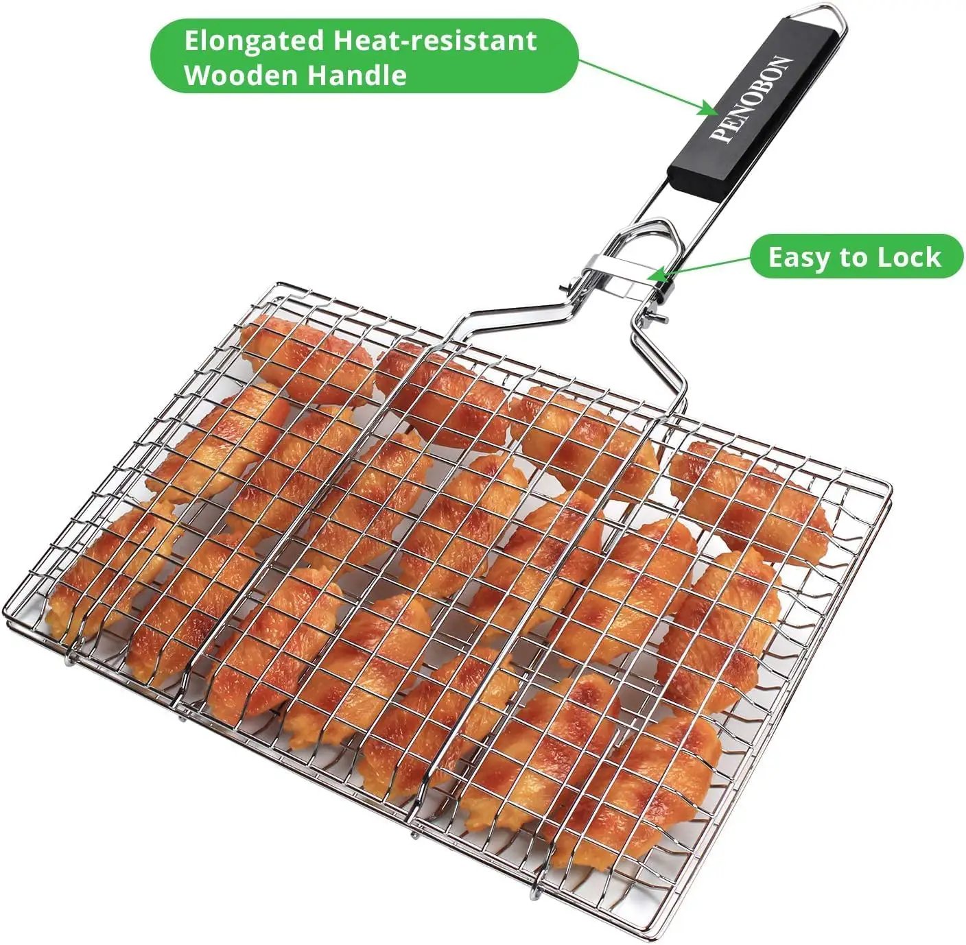 Fish Grilling Basket, Folding Portable Stainless Steel BBQ Grill Basket for Fish Vegetables Shrimp with Removable Handle, Come with Basting Brush and Storage Bag by GreenHaven Gardens
