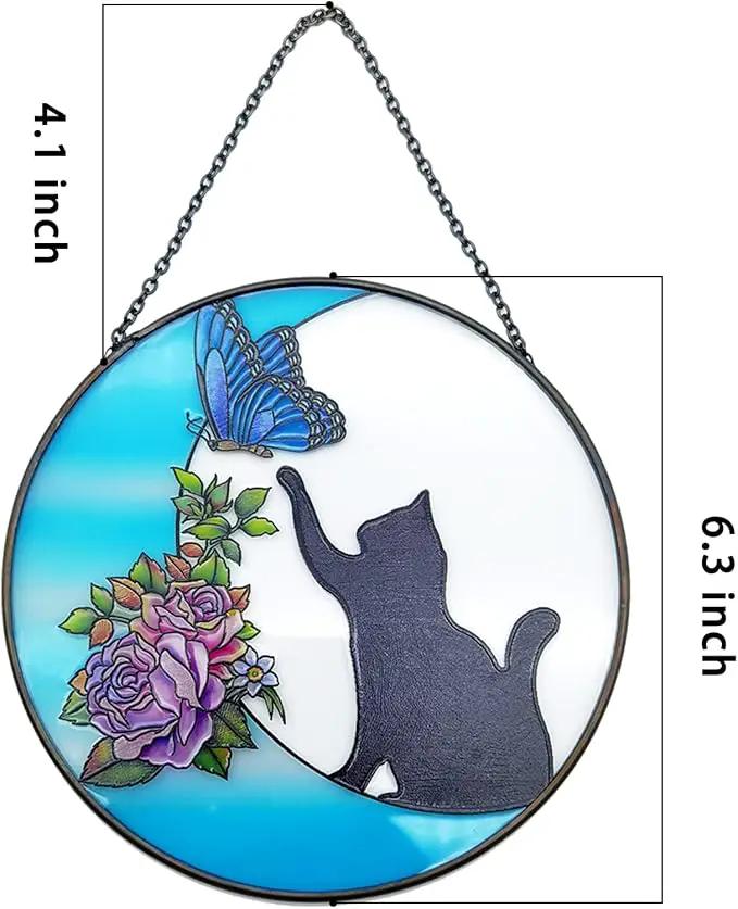 Cat Stained Glass Butterfly on Moon Gifts, Handcrafted Suncatchers Black Cat for Stained Glass Window Hangings, Cat Gifts for Cat Lovers, Painted Glass Panel Decor Funny Cat Themed Gift by GreenHaven Gardens