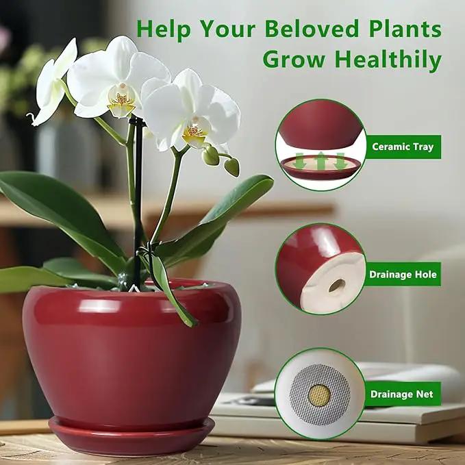 10 Inch Plant Pot - Ceramic Planter Pot with Drainage Hole and Saucer Large Planter for Indoor Plants Round Outdoor Flower Pot Mid-Century Decor Red by GreenHaven Gardens