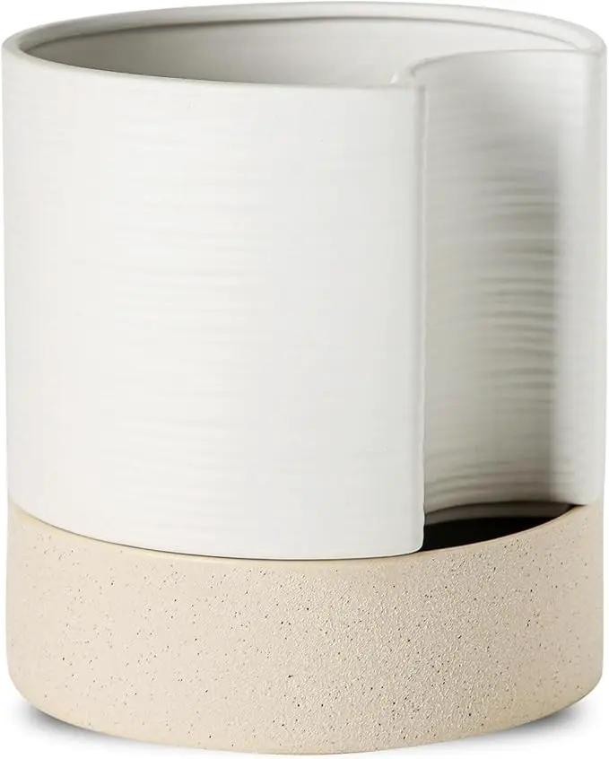 Nihow Self Watering Plant Pot: 8 Inch Ceramic Planter with Drainage Hole & Water Storage Plus for Indoor & Outdoor Plants - Cylinder Round Flower Pot for Succulent/Herbs/Violets - White & Brown by GreenHaven Gardens