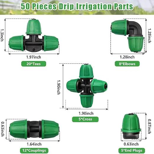 JAYEE 50 Pcs Drip Irrigation Fittings Kit for 1/4 Inch Tubing, Drip Line Parts for Drip Systems - 20 Tee, 12 Coupling, 8 Elbow, 5 Barbed 4-Way Cross, 5 End Closure - Barbed Locked Nuts Connectors by GreenHaven Gardens