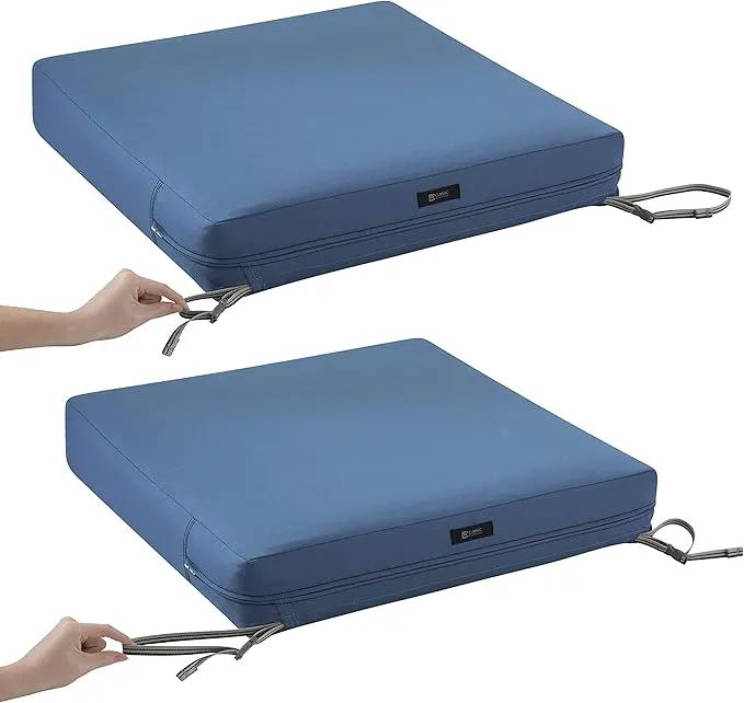Classic Accessories Ravenna Water-Resistant 23 x 23 x 5 Inch Square Patio Seat Cushion Slip Cover & Foam, Empire Blue, Lounge Chair Cushion by GreenHaven Gardens