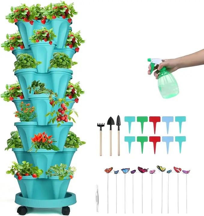 Vertical Planter, 7 Tier Stackable Strawberry Planter with Garden Tool Set, Movable Indoor/Outdoor Garden Herb Pot for Growing Vegetables and Succulents, Teal by GreenHaven Gardens
