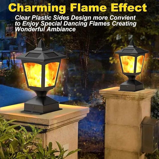 Solar Post Flame Light, Outdoor Deck Fence Post Cap Top LED Light wih Flickering Flame, Waterproof, 4x4 5x5 6x6, Outdoor Garden Firefly String Lights, 30 Leds, (Pack of 2) by GreenHaven Gardens