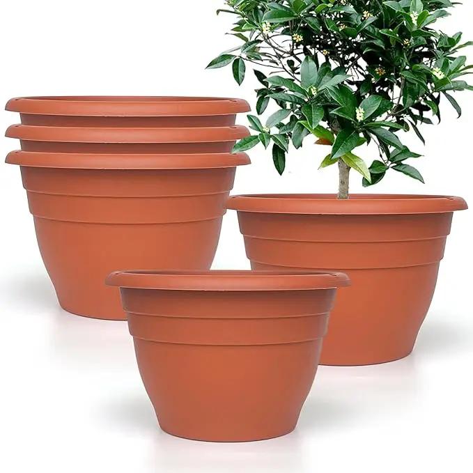 5 Packs Plant Pots, 10 Inch Planters Perfect for Indoor Outdoor Plants, Round Thickened Flower Pots with Drainage Hole, Plastic Garden Plant Planters(Pottery Red) by GreenHaven Gardens