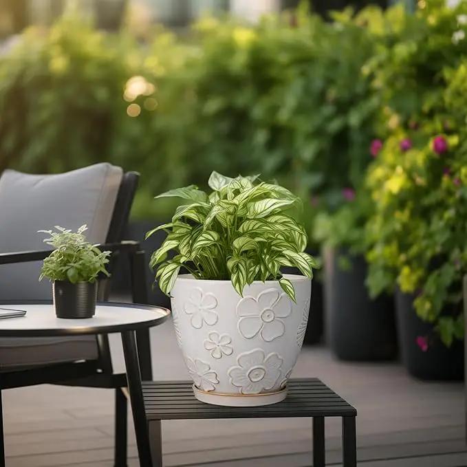 Ceramic Planter 8 Inch Plant Pot with Drainage Hole and Saucer Ceramic Pots for Indoor Plants Outdoor Large Flower Pot for Home Decor White by GreenHaven Gardens