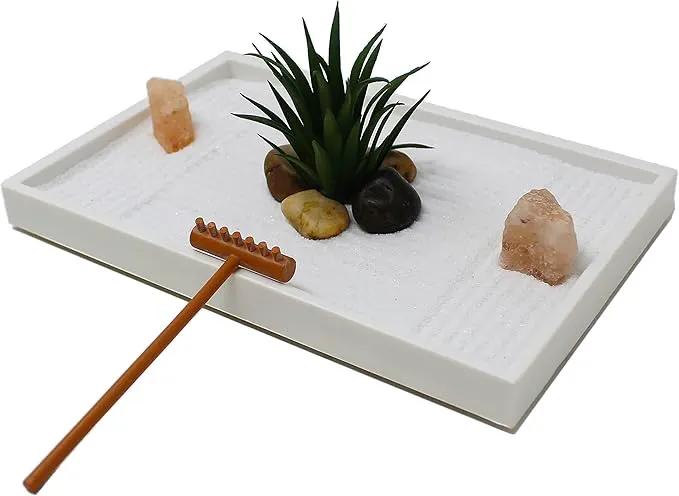 Nature's Mark Mini Zen Garden Kit for Desk with White Sand, Rake, White Base, Salt Rock and Air Plant (Rectangle) by GreenHaven Gardens