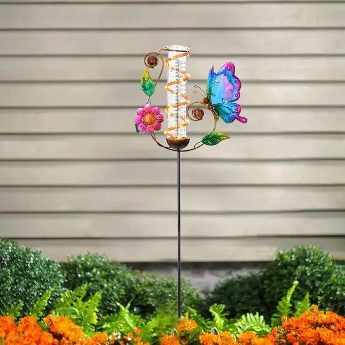 LEWIS&WAYNE 36.3” Butterfly Rain Gauge Outdoor, 7” Glass Tube Solar Powered 10 Warm White LEDs Garden Metal Stakes Decorative Waterproof for Yard Garden Patio Lawn by GreenHaven Gardens
