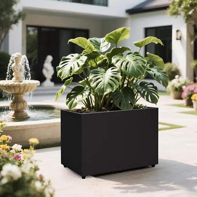 Planter Box Rectangular Block - 24×16×12IN Galvanized Steel Metal Long Box Planter Easy Installation Modern Outdoor Tall Planters All-Weather Use with Drainage Holes for Patio/Porch(Black) by GreenHaven Gardens