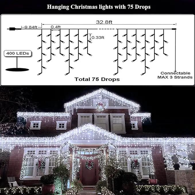 Led Christmas Lights Outdoor Christmas Decorations Hanging Light 400LED 8 Modes 75 Drops, Waterproof Outdoor Indoor Fairy Christmas Lights for Party, Holiday, Wedding Decorations (CoolWhite) by GreenHaven Gardens