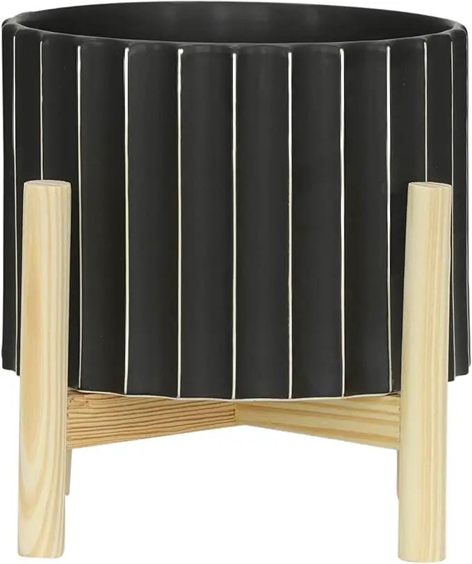 Sagebrook Home 8" Ceramic Planter - Black Planter Elevated on Wooden Stand with Fluted Design - for Indoor or Outdoor Plants, Great Gift Idea for Plant Lovers by GreenHaven Gardens