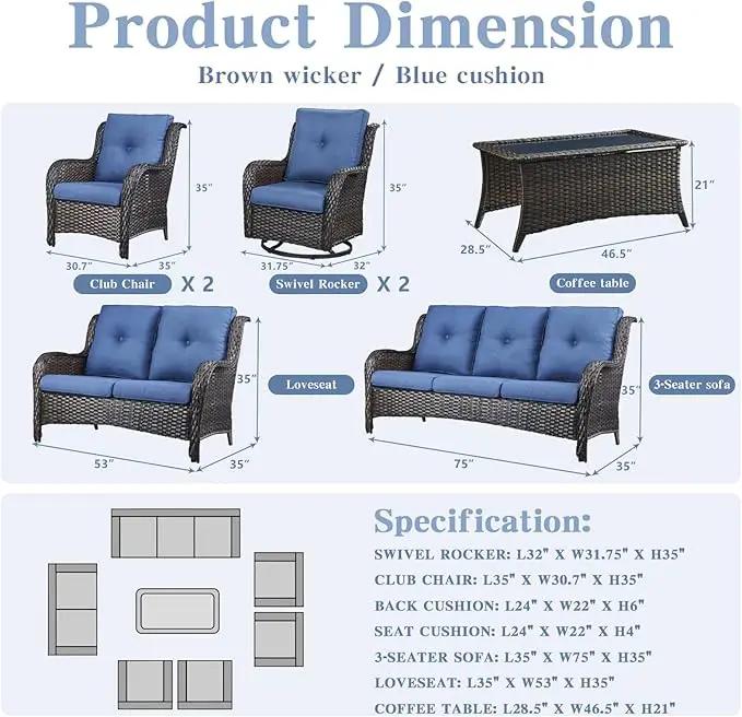 Outdoor Wicker Furniture Patio Set - 7 Piece Backyard Furniture Brown Rattan Conversation Sets with Swivel Rocker Chairs, Rattan Sofa, Club Chairs and Coffee Table, Blue Cushion by GreenHaven Gardens