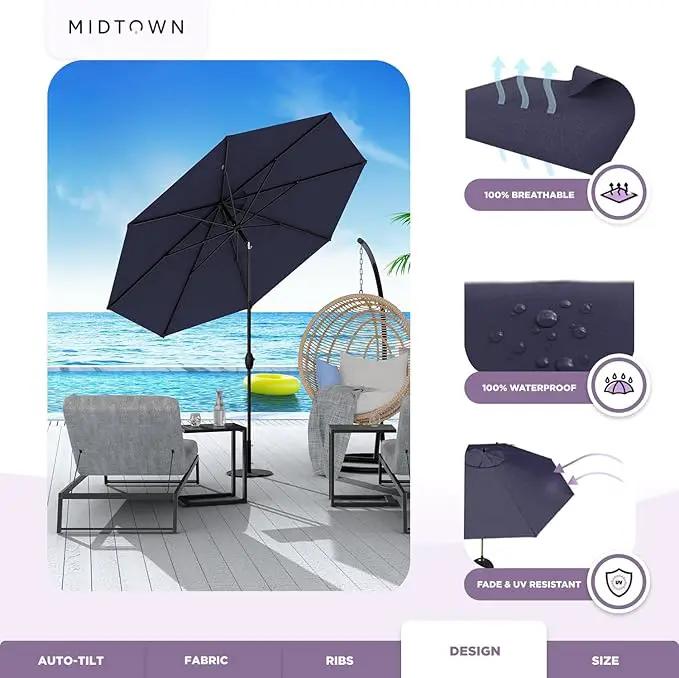 Midtown Umbrellas 10-Year-No-Fade - 9 Ft - UV Proof Navy Blue Polyester Fabric - Umbrella Outdoor Patio, Auto-Tilt Aluminum Frame Patio Umbrella for Garden, Pool & Deck - Black Pole by GreenHaven Gardens