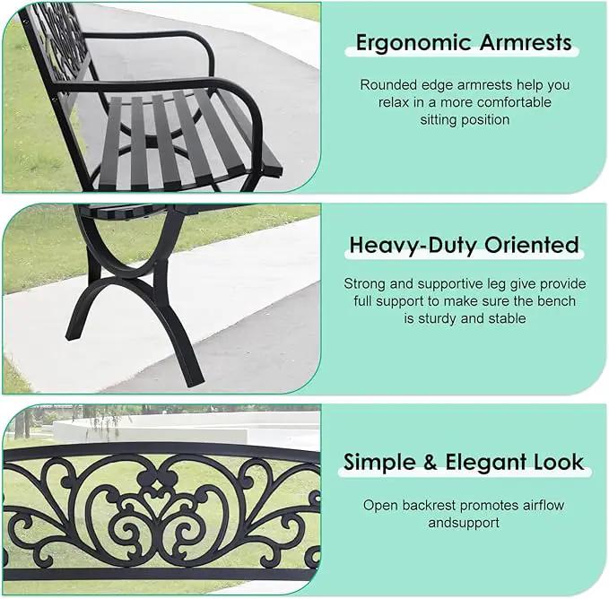 FDW Outdoor 50 Inches Garden Bench, Slatted Seat Armrests Floral Design Backres and Arch Legs, Perfect for Park, Yard, Porch, Lawn, Balcony, Backyard, Black by GreenHaven Gardens