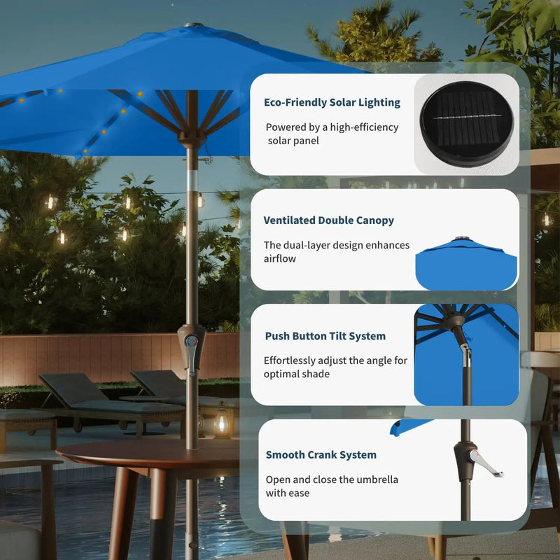 9FT Solar Umbrella 32 LED Lighted Patio Umbrella Table Market Umbrella w/Tilt and Crank, UV-Resistant Outdoor Umbrella for Pool, Garden, Deck, Royal Blue by GreenHaven Gardens