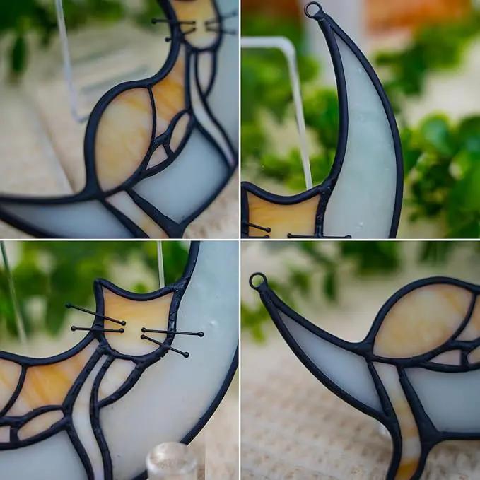 BOXCASA Sleeping Cat Stained Glass Windown Hanging,Yellow Cat on Moon Beautiful Handcrafted Sun Catcher Gifts for Daughter,Mothers Day,Christmas and Cat Lover by GreenHaven Gardens