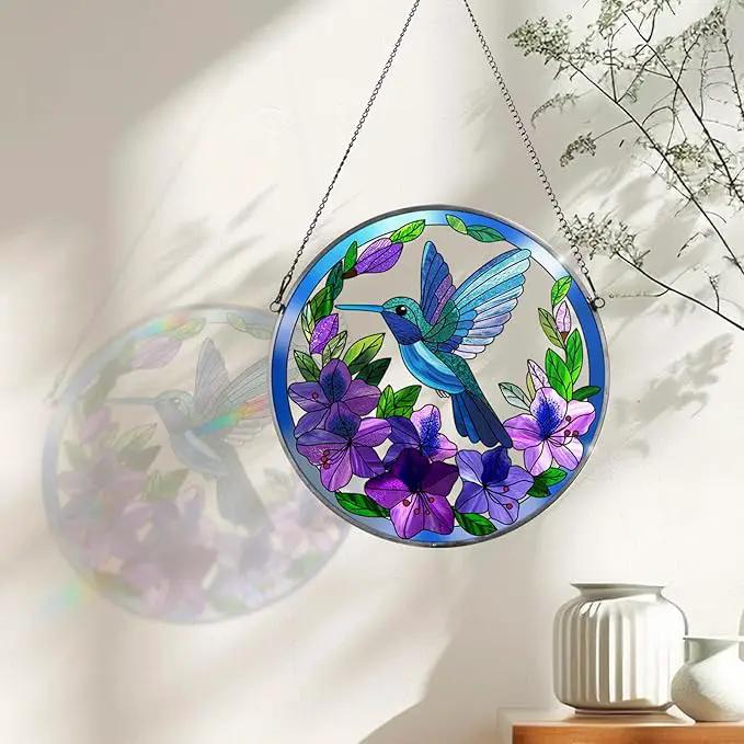 Stained Glass Sun Cather for Window Hanging, 8.6'' Hummingbird Window Ornament for Indoor Outdoor, Hand Painted Stain Glass Gift for Women, Bird Nature Lovers by GreenHaven Gardens