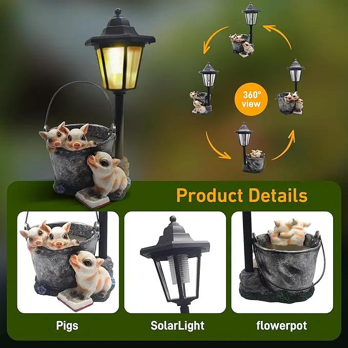 Outdoor Pigs Statues Solar Sculptures with Solar Lights and Flowerpot Funny Garden Decor Animal Figurines Resin Outdoor Statues for Patio Yard Lawn Balcony Gifts by GreenHaven Gardens