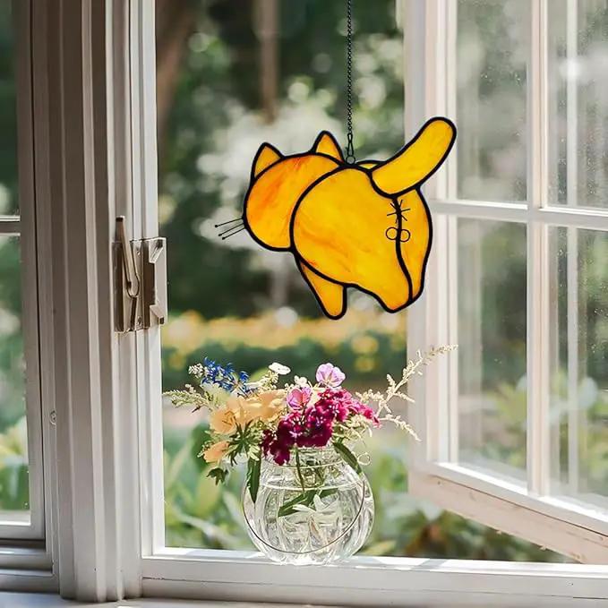 Orange Cat Decor Stained Glass Suncatcher for Window,Funny Cat Gifts for Cat Lovers Stained Glass Window Hanging,Cat Themed Gifts Cat Lovers Gifts for Women Girls Friends Mom by GreenHaven Gardens