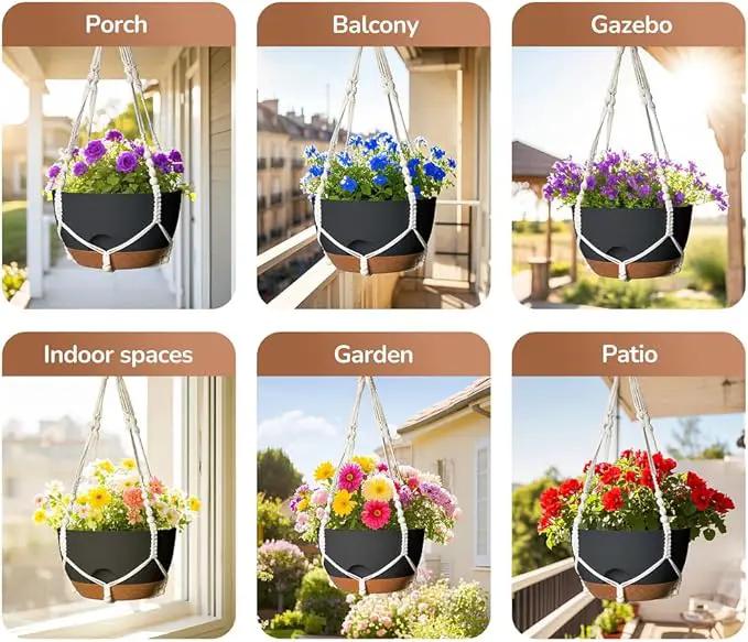 12 Inch Hanging Baskets for Plants Outdoor, Hanging Planters for Indoor Outdoor Plants, Hanging Planter with Self Watering, Hanging Flower Pots (Black Planter with Macrame + Iron Hangers) by GreenHaven Gardens