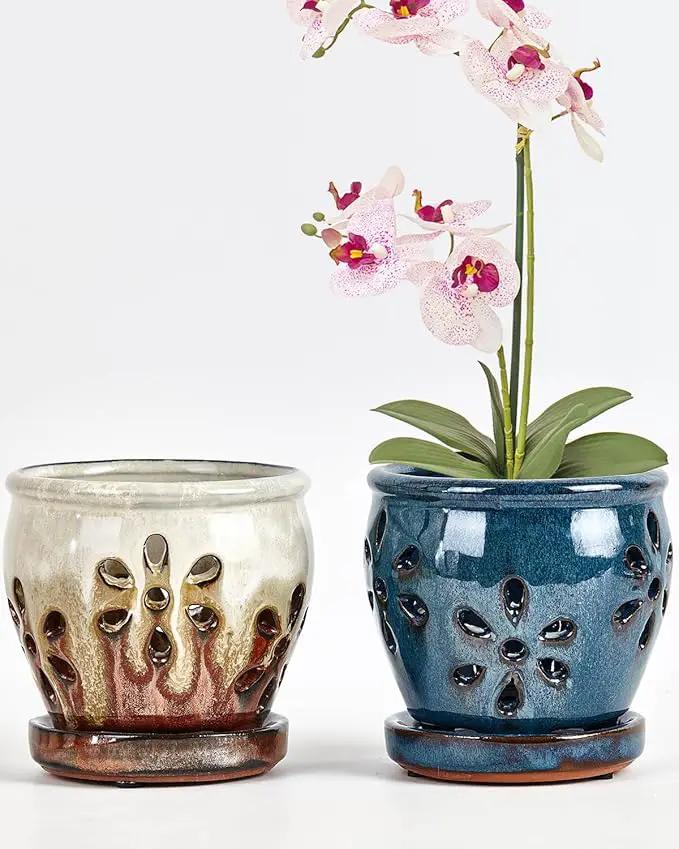 vensovo 4 Inch Ceramic Orchid Pots with Holes and Saucers - 2 Pcs Small Succulent Pot for Repotting, Garden Flowerpots for Plants Indoor and Outdoor Promotes Air Circulation (Blue, Brown Mixed) by GreenHaven Gardens