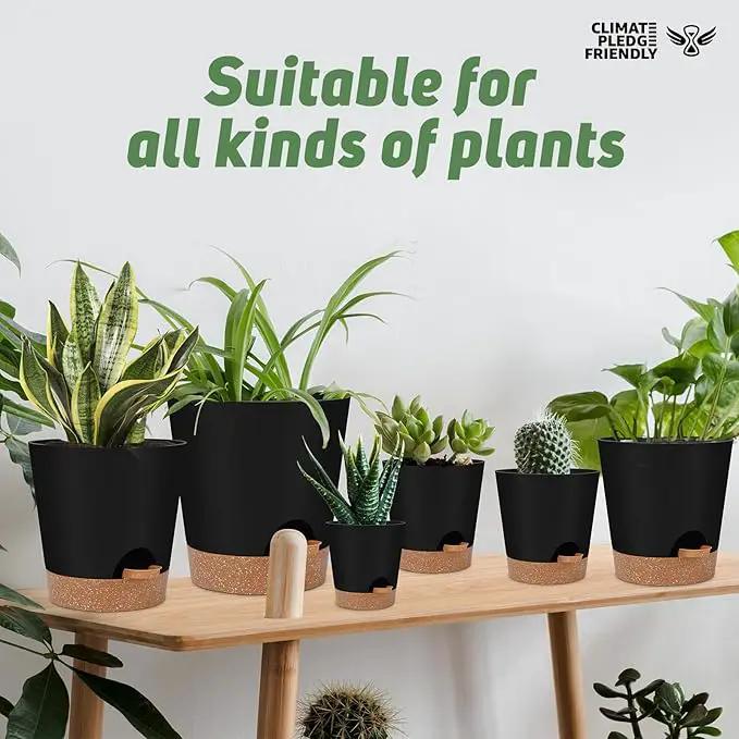 Indoor Self Watering Planters with Drainage Holes and Saucers, 8, 7, 6.5, 6, 5.5, 5 Inches, Black, 6 Pots by GreenHaven Gardens