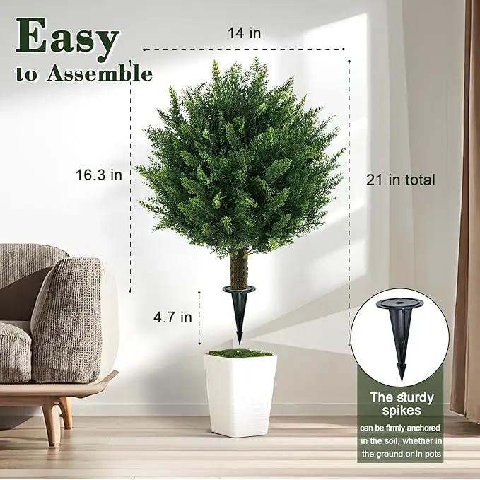 21" Artificial Cypress Topiary Outdoor Plants with Spike, 2 Pack Faux Cedar Bushes UV Resistant Fake Shrubs for Front Porch Décor by GreenHaven Gardens