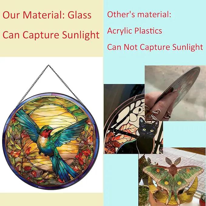Hummingbirds Pattern Stained Glass Suncatchers for Windows,Hanging Stained Glass Suncatcher,20cm/7.87inch Hand-Painted Sun Catcher Garden Hangings Painted Glass Panel Decor Themed Gift by GreenHaven Gardens