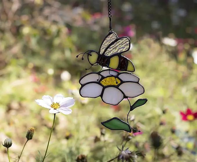 Bee Suncatcher Flower Stained Glass Window Hangings, Bee Decor Party Birthday Bee Gifts for Women,Bee Lovers, Housewarming Gifts. by GreenHaven Gardens