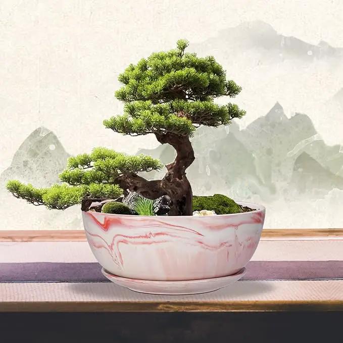 G EPGardening Large Ceramic Succulent Planter Pot with Drainage Hole and Saucer Large Marble Flower Pot for Plants Round Bonsai Planter Pot Indoor Outdoor Pink by GreenHaven Gardens