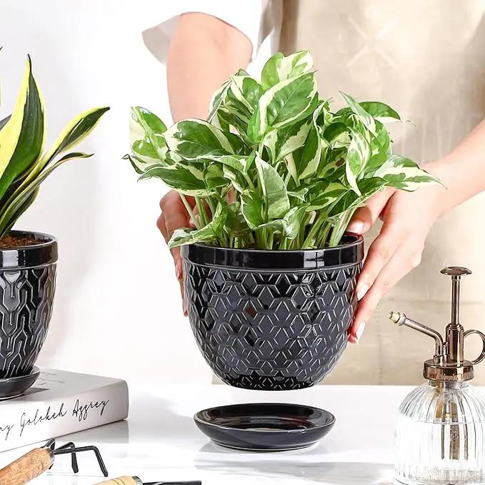 Sureasy Ceramic Indoor Plant Pots - 5.6 Inch Flower Pots for Plants with Drainage Hole and Saucer, Embossed Planter for Succulents, Orchid, Cactus, Indoor Home Decor, Set of 4, Black by GreenHaven Gardens