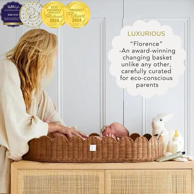 BEBE BASK Premium Baby Changing Basket - Artisan-Crafted Scalloped Rattan - Changing Basket for Baby Dresser - All Accessories Included - Complete Set for Nursery (Mocca)