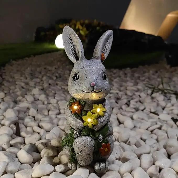 Solar Easter Rabbit Statue - Rock-Like Design with Flower Lamp Beads Woman Gifts Resin Easter Bunny Sculpture for Indoor and Outdoor Statue Decor, Garden Decoration by GreenHaven Gardens
