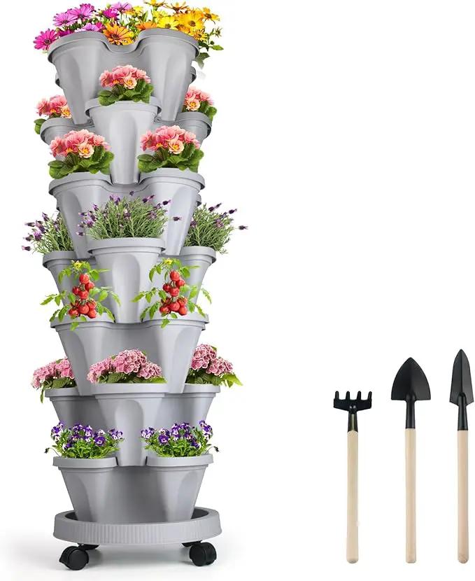 DUNCHATY Stackable Planter with Removable Wheels and Tools, Garden Planting Tower Planters, Indoor Outdoor Gardening Pots - 7 Tier Vertical Garden Planter by GreenHaven Gardens