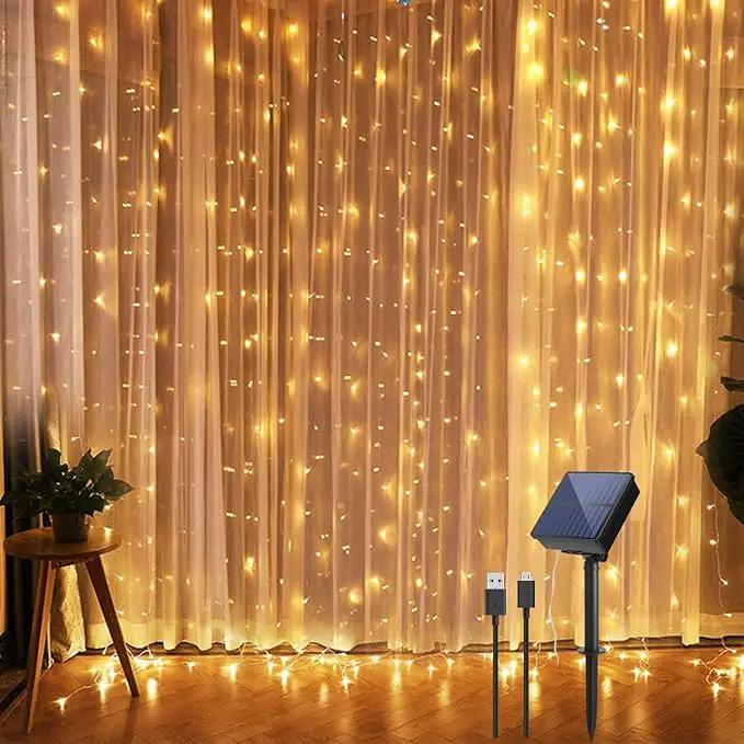 IMAGE Solar Curtain Lights 8 Modes 9.8x9.8 Feet Solar String Lights for Wedding Party Home Decoration Backdrops Full Waterproof UL Safety Standard Warm White by GreenHaven Gardens
