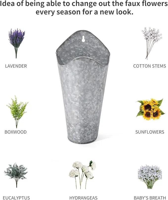 Dahey 2 Pack Galvanized Metal Wall Planter with Artificial Eucalyptus Farmhouse Decor Hanging Wall Vase Planters Flowers Holder for Country Rustic Home Wall Decor,Silver by GreenHaven Gardens
