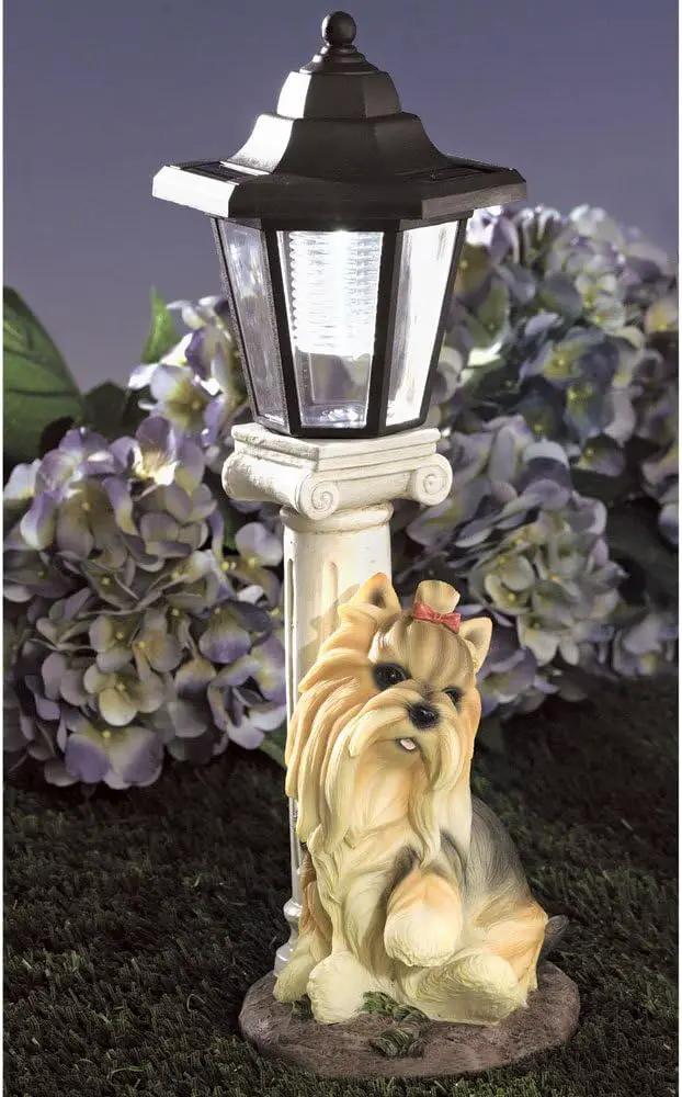 Bits and Pieces - Solar Yorkie Lantern-Solar Powered Garden Lantern - Resin Dog Sculpture with LED Light by GreenHaven Gardens