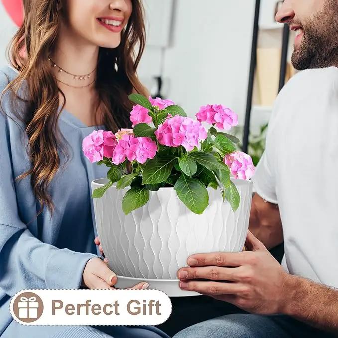 12 Inch Large Plant Pots for Indoor or Outdoor Plants, Wide Water Ripples Flower Pots with Drainage Holes & Saucer, Plastic Planters Set for Garden & Home Decor (White) by GreenHaven Gardens