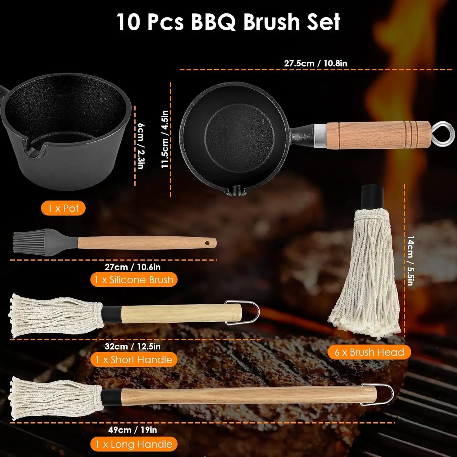 BBQ Mop Brush and Cast Iron Sauce Pot Set, 8Pcs Barbecue Accessories Include Basting Melting Pot, 2 Size Wooden Handle Sauce Mops with 4Pcs Replacements and Oil Brush for Meat Smoker, Grill, Stove by GreenHaven Gardens