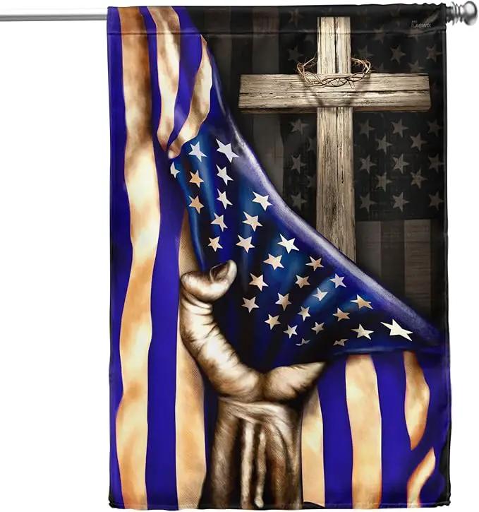 FLAGWIX The Thin Blue Line Christian Cross, America US Flag - 4th of July Decorations for Home, Garden, House Flag (29.5" x 39.5") - USA House Garden Flags Premium Polyester, Decorative Outdoor Flags by GreenHaven Gardens