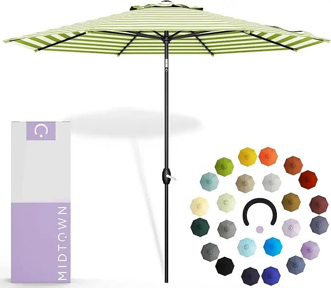 Midtown Umbrellas The Lean 8 Feet Outdoor Umbrella With Terylast Pear Stripes (Green/White Stripes) Polyester Fabric - Auto-Tilt Aluminum Frame Patio Umbrella For Deck, Garden, Pool - Black Pole by GreenHaven Gardens