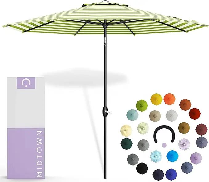 Midtown Umbrellas The Lean 9 Feet Outdoor Umbrella With Terylast Pear Stripes (Green/White Stripes) Polyester Fabric - Auto-Tilt Aluminum Frame Patio Umbrella For Deck, Garden, Pool - Black Pole by GreenHaven Gardens