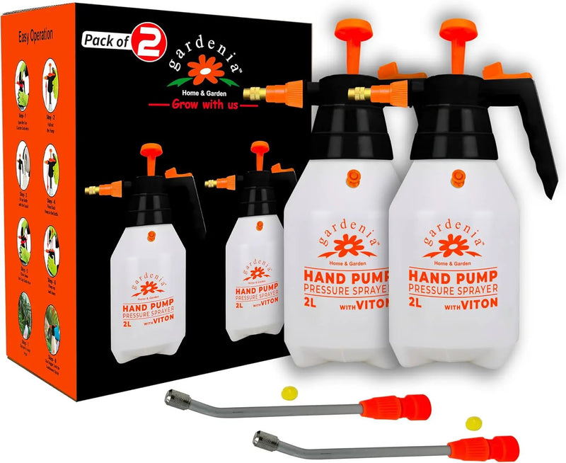 Handheld Pumping Sprayer Viton Seals Sprayers in Lawn and Garden, Spray Bottles for Cleaning Chemical Sprayer Continuous Spray Bottle for Plants 2 Pack 2L (0.53 Gal / 68oz) by GreenHaven Gardens