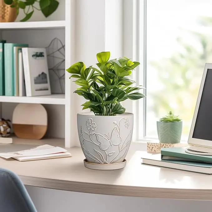 6 Inch Ceramic Plant Pot for Indoor Plants Outdoor Round Planter Flower Pot with Drainage Hole and Saucer for Home Garden Office Decor White by GreenHaven Gardens